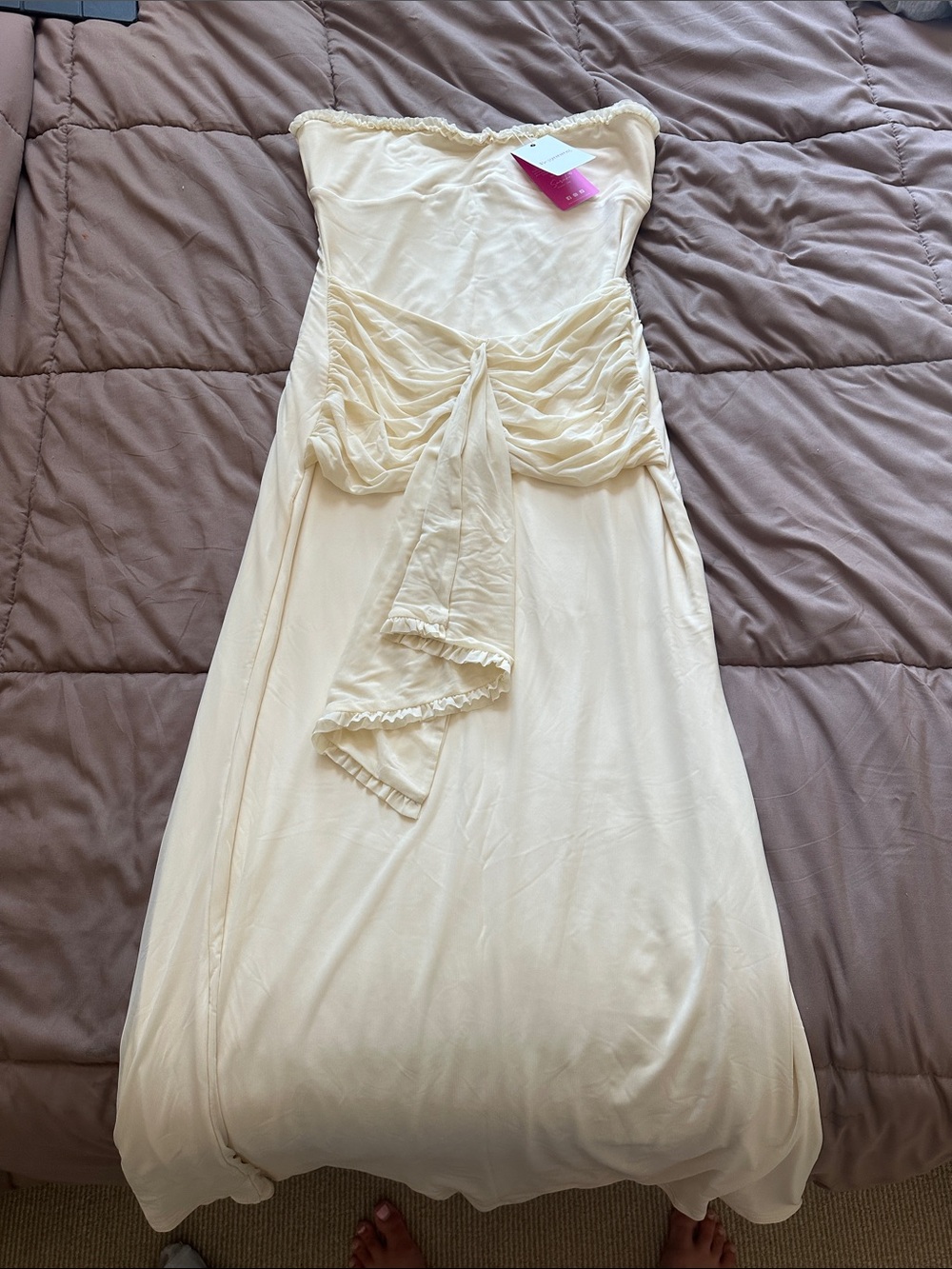 Beginning Boutique Strapless Cream Maxi Dress with Waist Tie